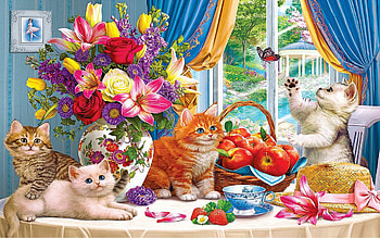 Fluffy Kittens In The Living Room, apples, bouquet, painting, butterfly, window, garden, flowers, asket HD wallpaper