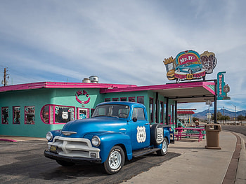 Mr D'z on Route 66, chevy 3100, pick up, route 66, graph, diner, truck HD wallpaper