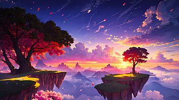 Fantasy Floating Islands Under Sunset Sky, fantasy, floating, islands, sunset, sky, trees, clouds, artist, artwork, art, digital-art, ai, pixiv HD wallpaper