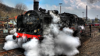 steam train engine in a station r, station, tracks, r, engine, train, steam HD wallpaper