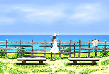 SeaView, horizon, chair, cute, dress, beauty, nice, scenery, scenic, fence, water, hat, ocean, female, sexy, bench, sweet, sea, scene, landscape, hot, girl, beautiful, grass, anime girl, anime, pretty, field, nature, sky, cap, gown, lovely HD wallpaper