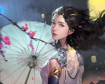 Spring rain, frumusete, rain, art, gorgeous, parasol, ice dream, primavara, girl, spring, superb, wind, fantasy, luminos, icedream, storm HD wallpaper