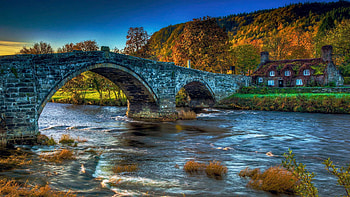 River Crossing, water, house, fall, autumn, trees, colors HD wallpaper