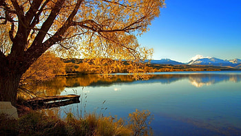 Beautiful View, blue, Beautiful, trees, autumn, sky, nature, mountains, lake HD wallpaper
