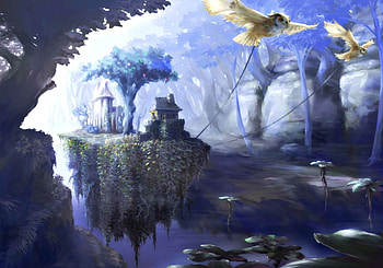 Fantasy, blue, island, wings, white, bird, art, house, cb, owl, tree, anime, world, manga HD wallpaper