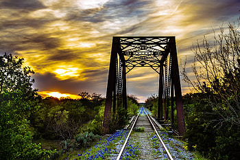 Kingsland Trestle, graphy, derelict, Texas, bluebonnets, golden hour, peaceful, serene, rail, quiet, twilight, wildflowers, abandoned, sunset, travel, golden, railroad tracks, USA, trestle, clouds, nature, railroad, empty, solitude HD wallpaper
