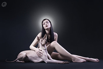 beauty and her dog, dog, fantasy, girl, beauty, dark HD wallpaper