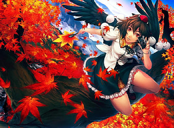 anime girl, colorful, art, nice others, eyes, cute, girl, purple, leaves, anime, pretty, red, flowers, hair, lovely HD wallpaper
