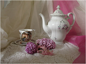 pink & white still life, composition, art , white, teacup, nice, still life, pink, flowers, teapot HD wallpaper