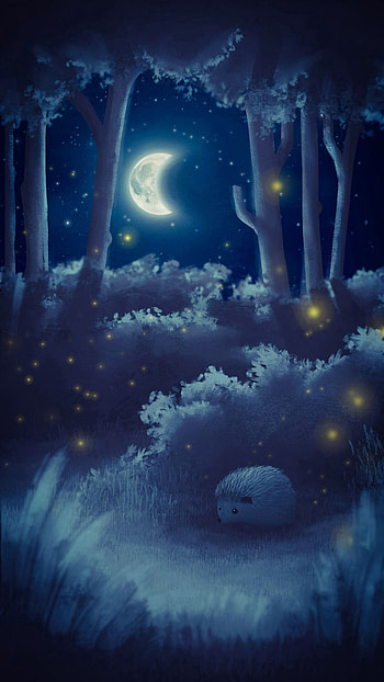 Art, Night, Moon, Forest, Hedgehog HD phone wallpaper