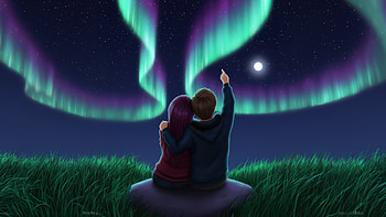 Couple Watching Aurora View, couple, aurora, view, artist, artwork, art, digital-art HD wallpaper