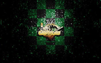 Utah Grizzlies, glitter logo, ECHL, green black checkered background, hockey, american hockey team, Utah Grizzlies logo, mosaic art HD wallpaper
