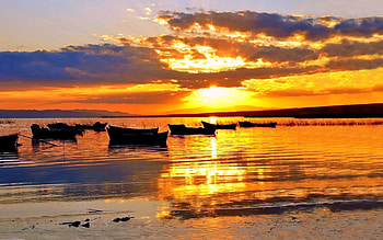 Nature, Sunset, Sun, Boats, Horizon, Lake HD wallpaper
