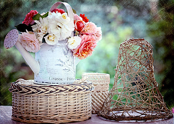 Flowers, Roses, Bouquet, Garden, Buds, Basket, Baskets, Watering Can HD wallpaper