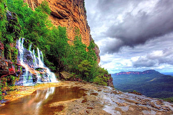 Mountain Waterfall, landscape, clouds, sky, cliff, mountains HD wallpaper
