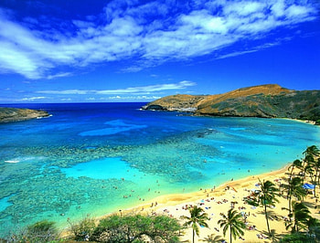Blue Ocean, sea, sky, beach, mountain HD wallpaper