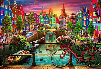 Amsterdam, artwork, bicycle, canal, digital, city, bridge, houses, netherlands, flowers HD wallpaper