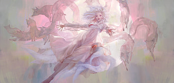 Ninetailed fox, white, pink, fantasy, sangsoo jeong, ahri, luminis, fox, nine tails, girl HD wallpaper