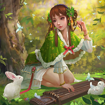 Fantasy girl, cute, girl, bunny, fantasy, green, instrement, luminos, chen xiang, rabbit HD wallpaper