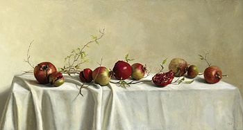 pattern still life art mary kay west table tablecloth fruits grenade branches leaves HD wallpaper