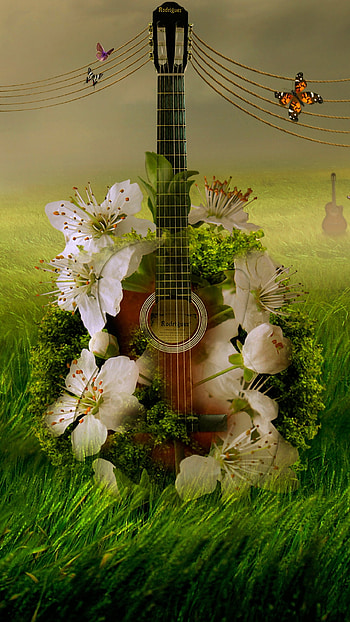 Fantasy, flowers, music, musical instrument, butterflies, plant, guitar HD phone wallpaper