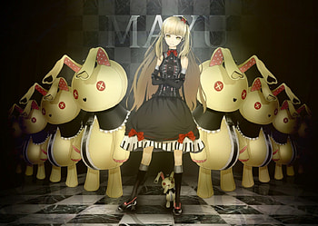 My Army of Giant Bunnies, bunnies, black dress, anime, red bows, hearts, girl, long hair HD wallpaper