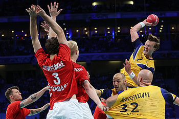 Sweden's Jonathan Carlsbogård jumps to shoot during a handball quarterfinal against Denmark, Sports, olympic games, Olympic Games Paris 2024, Sweden HD wallpaper