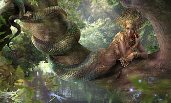 Golden Serpent Lady, snake, enchantimg, digital, Serpent, forest, tree, fantasy lady HD wallpaper