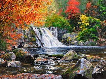 Abrams falls, stones, serenity, colorful, art, fall, peaceful, beautiful, leaves, painting, trees, waterfall, autumn, forest, foliage HD wallpaper