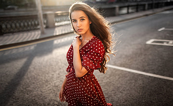 Brunette Long Hair Polka Dress , brunette, girls, model HD wallpaper