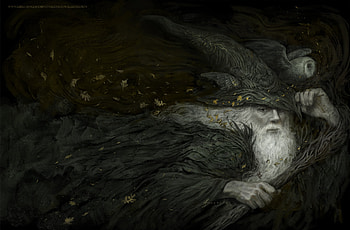 Gandalf, white, black, art, man, wizard, dark, lotr, wind, fantasy, sebastian giacobino, autumn, hat HD wallpaper