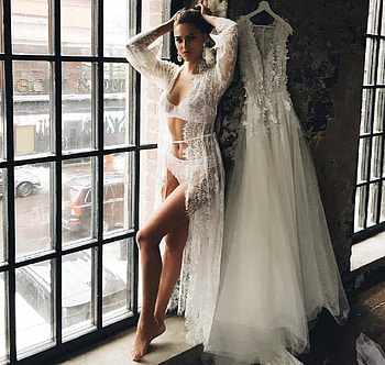 KRISTINA KRAYT, white lace lingerie, jewelry, standing by window, brunette, weddng dress HD wallpaper