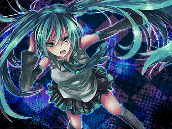 Hatsune Miku, awesome, nice, contrast, hatsune, aqua eyes, art, twintail, girl, headset, singer, aqua, purple, anime, pretty, virtual, blue, song, heads, cute, vocaloid, beauty, miku, music, abstract, vocaloids, thighhighs, program, skirt, beautiful, diva, tie, pink, aqua hair, cool, idol, micro HD wallpaper