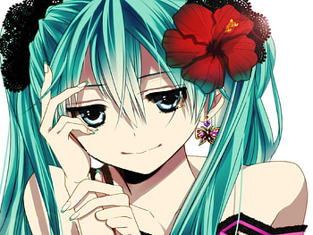 Hatsune Miku, blue, black, awesome, cute, vocaloid, beauty, nice, miku, vocaloids, flower, hatsune, aqua eyes, sexy, twintail, hot, girl, aqua, beautiful, earring, diva, pink, anime, pretty, aqua hair, red, cool, idol, virtual, red flower HD wallpaper