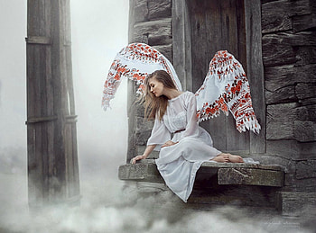 Angel, white, model, window, girl, woman, irina dzhul, tower, red, cloud HD wallpaper