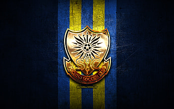Tochigi FC, golden logo, J2 League, blue metal background, football, japanese football club, Tochigi SC logo, Tochigi SC HD wallpaper