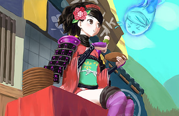 Momohime was being meanie, foods, ninja, wii, cute, eating, girl, traditional, spirit, eat, flower, funny, takoyaki HD wallpaper