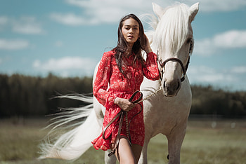 Beauty, wind, horse, white, model, red, girl, dress, woman HD wallpaper