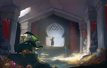 Dragon's Hoard at Dawn | Hall of the Emerald Wyrm | Guardian of the Golden Vault, fantasy, dragon HD wallpaper