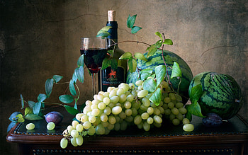 Grape Still Life, wooden, still life, plumes, grapes, watermelons, glass, wine, bottle HD wallpaper
