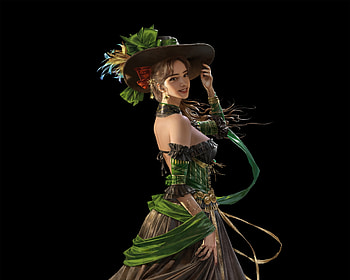 Beautiful lady, black, frumusete, lady, fantasy, green, girl, tangdi, hat HD wallpaper