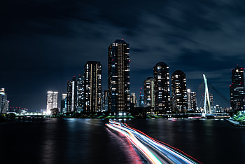 Cities, Building, Lights, Coast, Long Exposure, Night City, Skyscrapers HD wallpaper