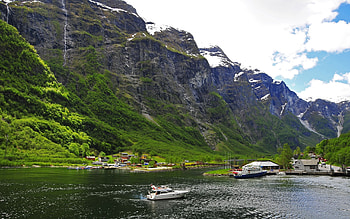 Nature, Rivers, Grass, Sky, Mountains, Sea, Boat HD wallpaper