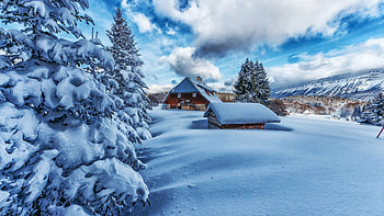 Winter in Savoie, French Alps, snow, clouds, trees, landscape, sky, houses, mountains HD wallpaper