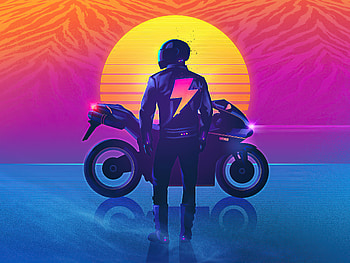 The Rider Outrun , retrowave, synthwave, biker, artist, artwork, digital-art, dribbble, outrun HD wallpaper