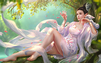 Fantasy Girl, Girl, Dress, Tree, Art, Petals, Flowers HD wallpaper