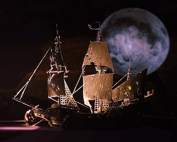 Ghost ship, night, ship, moon, sails, battered, torn, ghostly HD wallpaper