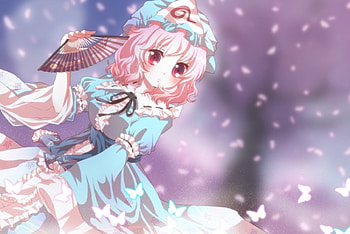 Saigyouji Yuyuko, girl, pink hair, dress, fan, butterflies, anime, short hair, pink eyes, hat HD wallpaper