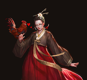 :-), jeongseok lee, black, bird, girl, hand, fantasy, red, glasses, chinese zodiac, luminos, rooster HD wallpaper