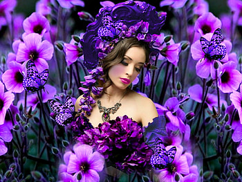 Delicate Purple, bold, girl, flowers, colorful, blue, vibrant, purple, butterflies, vivid, bright, green HD wallpaper